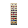 Vertical tin sign depicting the evolution of various Corvette car models in chronological order.