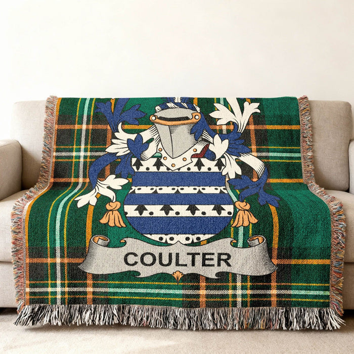 Coulter crest woven into an Irish National Tartan cotton throw.