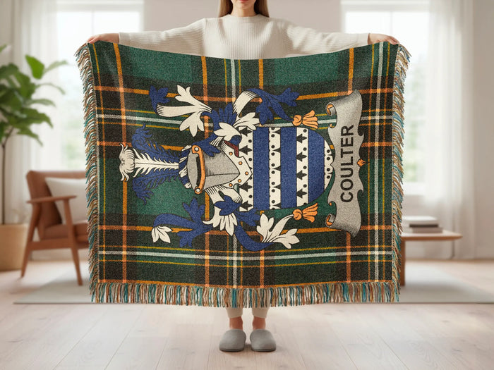Feature panel for the Coulter cotton woven blanket with fringe.