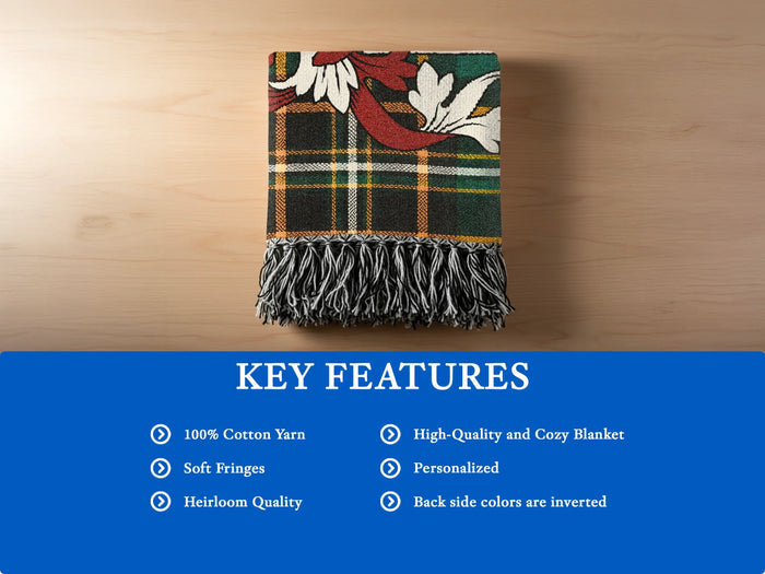 Courcy woven blanket opened flat to show the full tartan design.