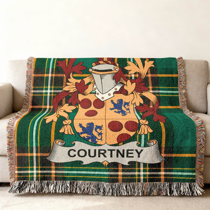 Courtney crest woven into an Irish National Tartan cotton throw.
