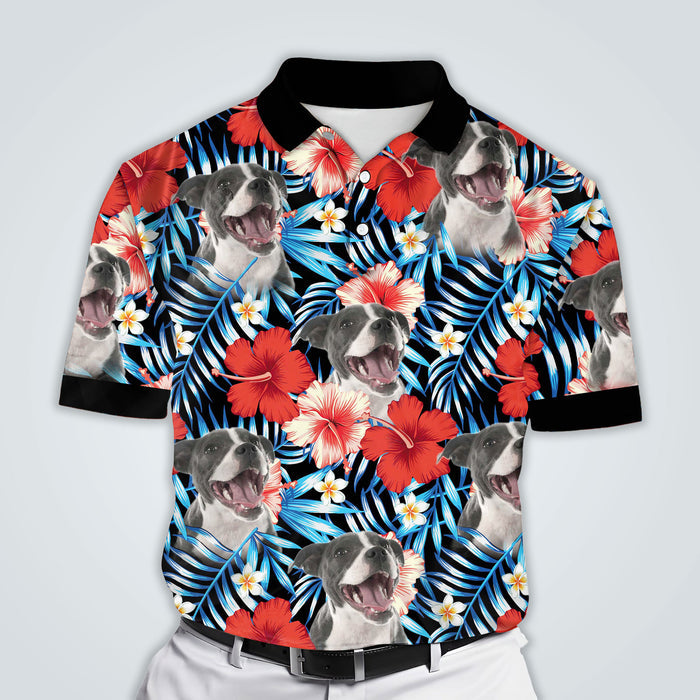 Custom Polo Shirt With Dog Face | Personalized Gift For Dog Dad | Blue & Red Leaves & Flowers Pattern Men Polo Shirt
