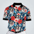 Custom Polo Shirt With Dog Face | Personalized Gift For Dog Dad | Blue & Red Leaves & Flowers Pattern Men Polo Shirt
