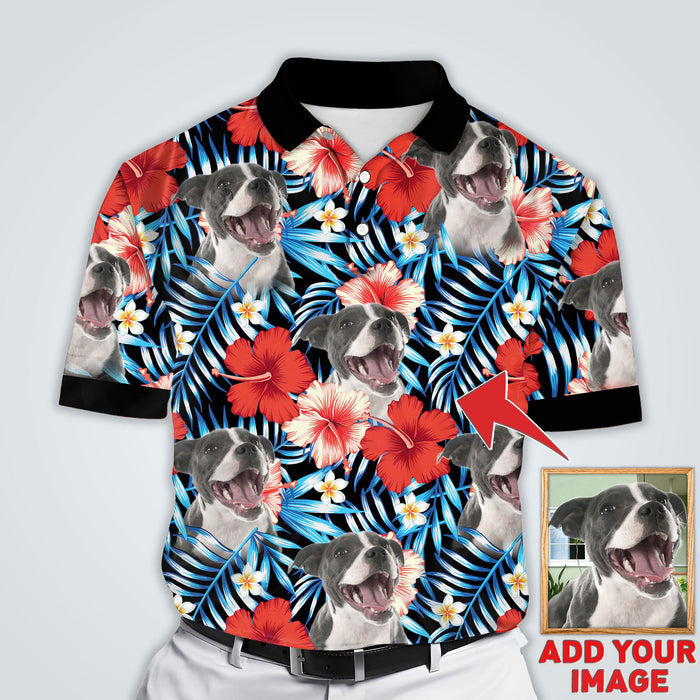 Custom Polo Shirt With Dog Face | Personalized Gift For Dog Dad | Blue & Red Leaves & Flowers Pattern Men Polo Shirt