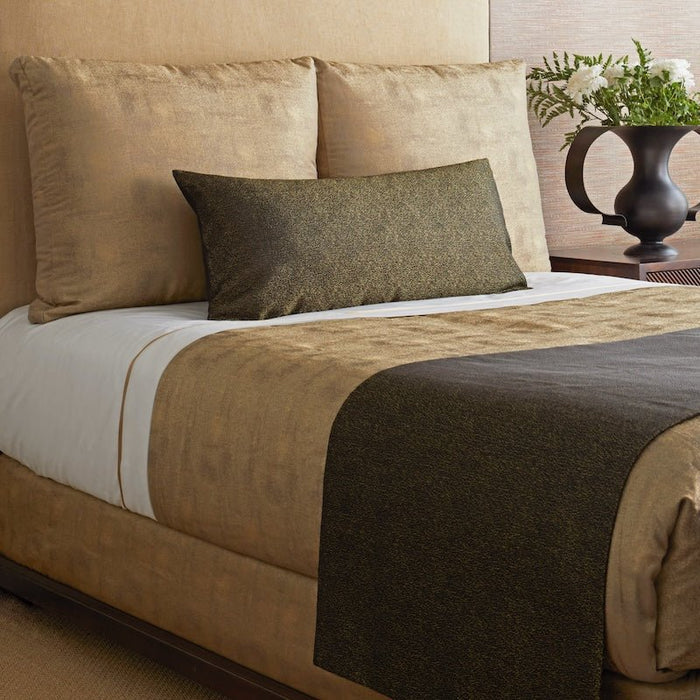 Ann Gish - Dapple Black and Gold Art of Home Bed Finisher shown on gold Bedding - angle View