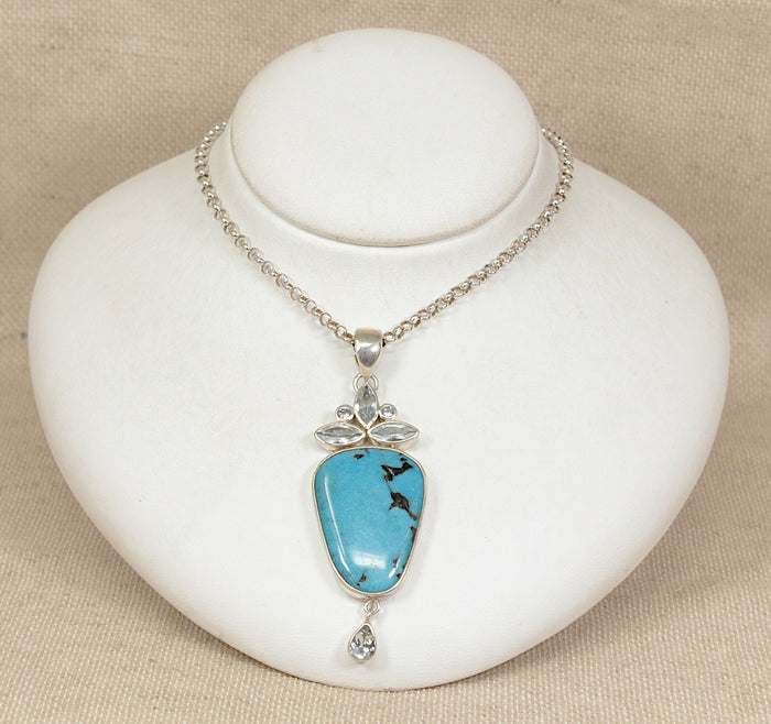 Distinctive Silver Turquoise & Quartz Statement Pendant with 20” Hallmarked Chain