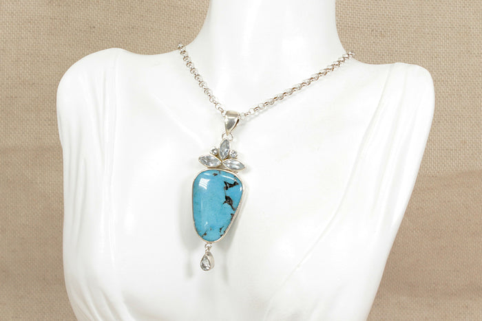 Distinctive Silver Turquoise & Quartz Statement Pendant with 20” Hallmarked Chain