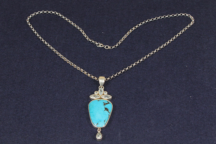 Distinctive Silver Turquoise & Quartz Statement Pendant with 20” Hallmarked Chain