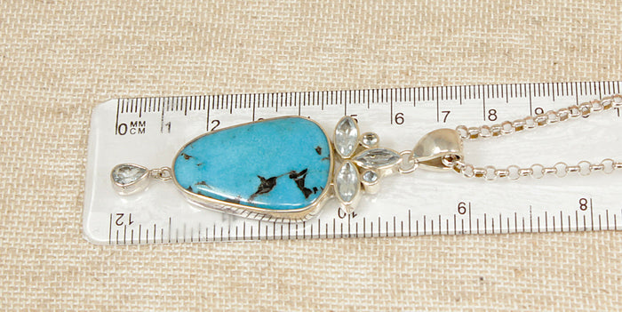 Distinctive Silver Turquoise & Quartz Statement Pendant with 20” Hallmarked Chain