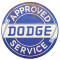Vintage blue and white Dodge Approved Service round metal sign.