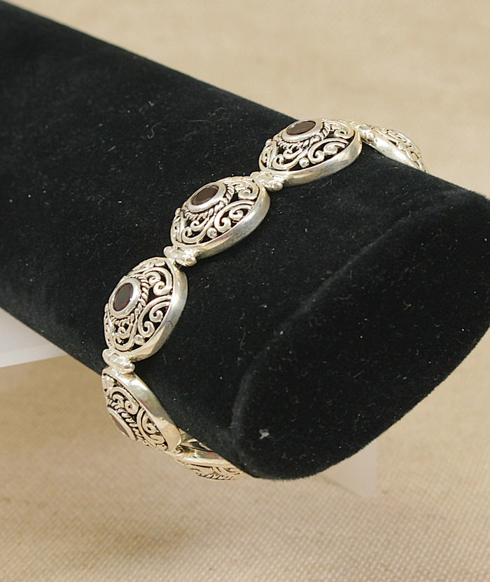 Elegant Heavy Sterling Silver & Garnet T-Bar Link Bracelet – Birmingham Hallmarked