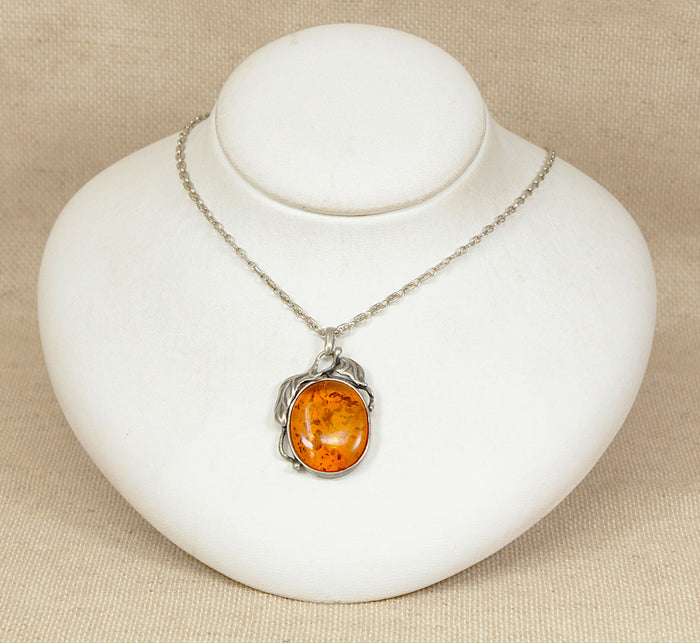 Finely Made Sterling Silver & Amber Art Nouveau Style Pendant with Chain