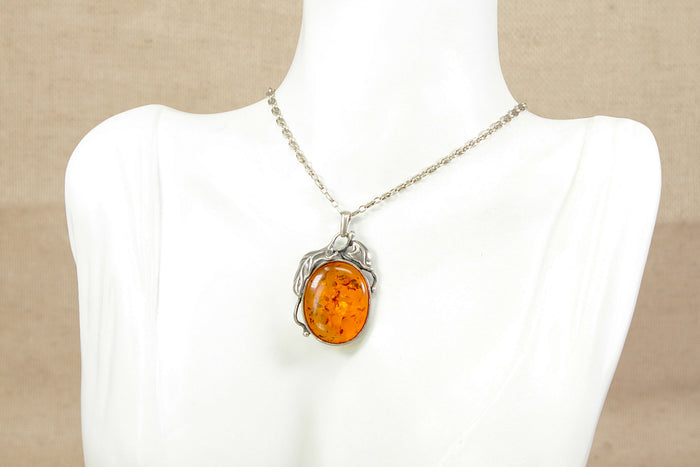 Finely Made Sterling Silver & Amber Art Nouveau Style Pendant with Chain
