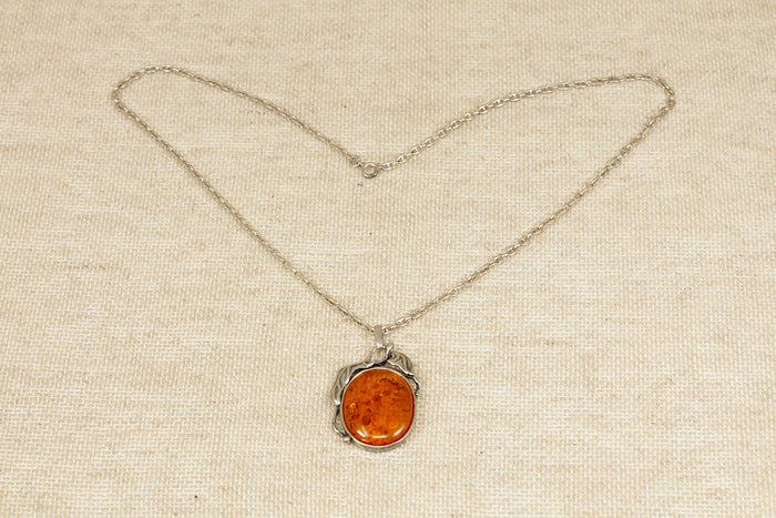 Finely Made Sterling Silver & Amber Art Nouveau Style Pendant with Chain