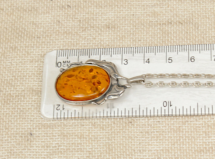 Finely Made Sterling Silver & Amber Art Nouveau Style Pendant with Chain