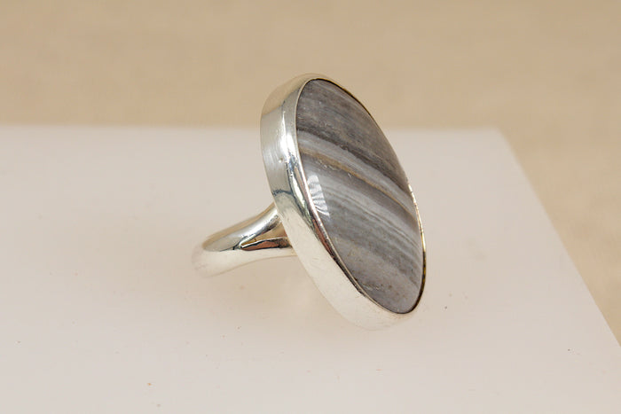 Finely Made Sterling Silver Grey Banded Agate Statement Ring
