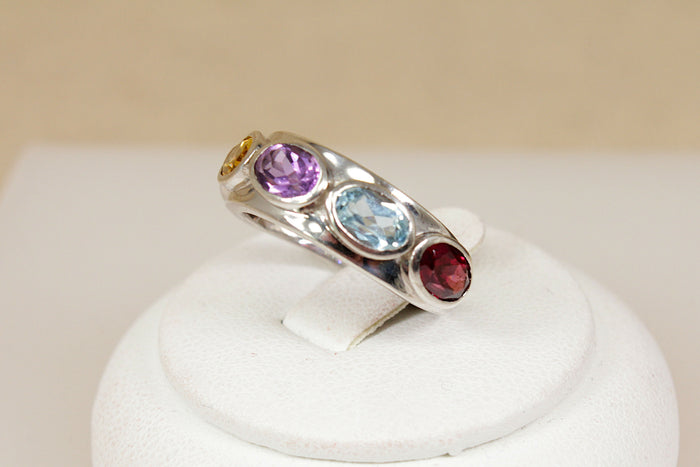 Finely Made Sterling Silver Multi-Gem Band Ring – Amethyst, Garnet, Blue Topaz & Citrine