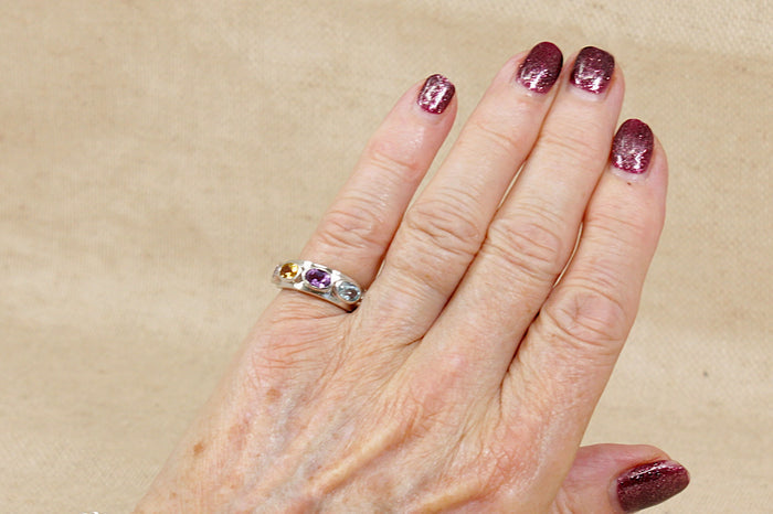 Finely Made Sterling Silver Multi-Gem Band Ring – Amethyst, Garnet, Blue Topaz & Citrine