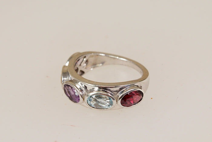 Finely Made Sterling Silver Multi-Gem Band Ring – Amethyst, Garnet, Blue Topaz & Citrine