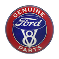 Red and blue tin sign featuring the classic Ford V8 logo and the inscription "Genuine Ford Parts."