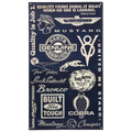 Navy blue tin sign featuring various iconic Ford logos, emblems, and quotes.
