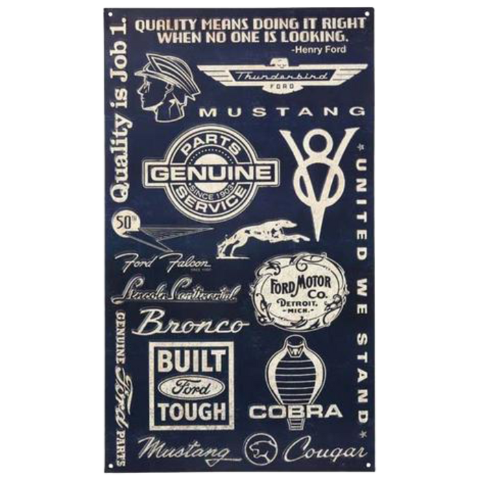 Navy blue tin sign featuring various iconic Ford logos, emblems, and quotes.