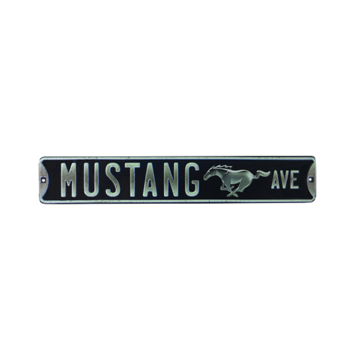 Ford Mustang Ave black embossed tin street sign with iconic Mustang logo.