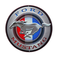 Round embossed tin sign with the Ford Mustang logo, perfect for automotive enthusiasts and fans of the classic sports car.