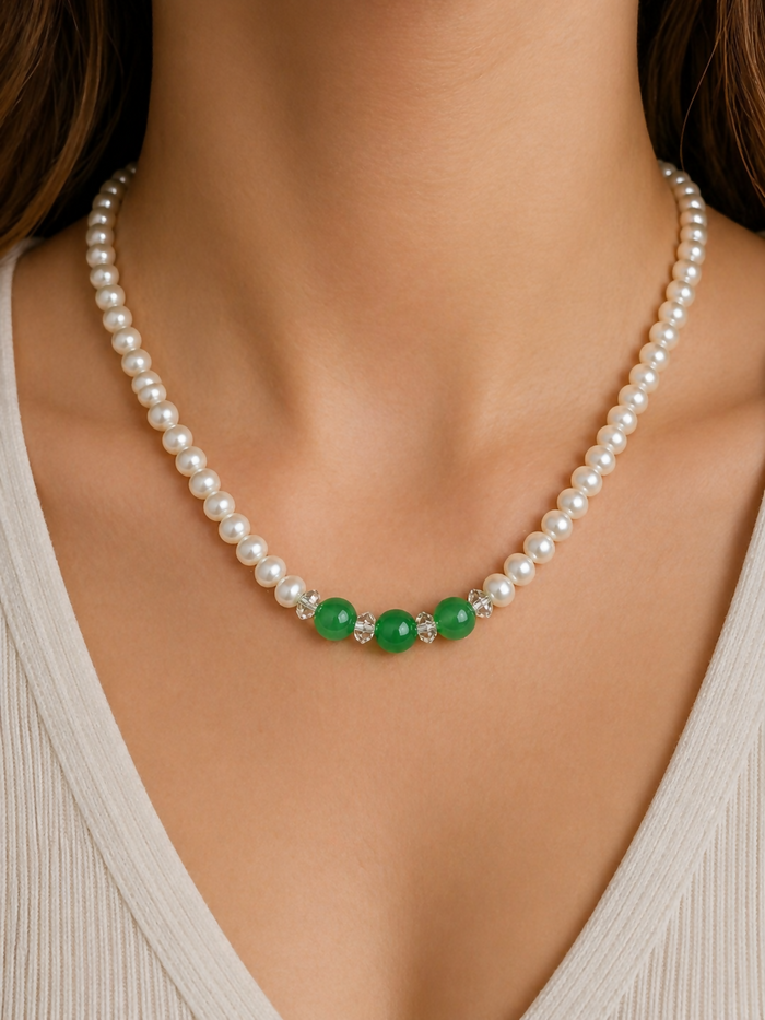 Freshwater Pearl and Jade Bead Necklace Elegant Classic Jewellery