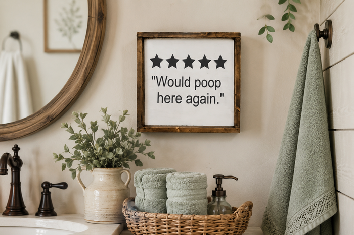 Funny Bathroom Wood Sign | "Would Poop Here Again" Bathroom Decor | Farmhouse Bathroom Sign | Painted Wood Funny Wall Art