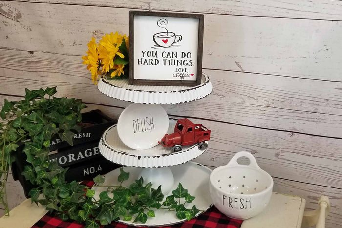 Funny Coffee Sign | You Can Do Hard Things Love Coffee Sign | Farmhouse Coffee Bar Decor | Rustic Kitchen Shelf Sign | Coffee Lover Gift | Motivational Coffee Decor
