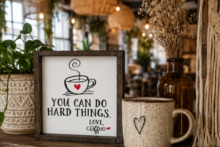 Funny Coffee Sign | You Can Do Hard Things Love Coffee Sign | Farmhouse Coffee Bar Decor | Rustic Kitchen Shelf Sign | Coffee Lover Gift | Motivational Coffee Decor