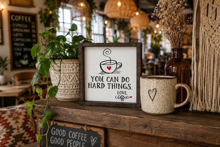 Funny Coffee Sign | You Can Do Hard Things Love Coffee Sign | Farmhouse Coffee Bar Decor | Rustic Kitchen Shelf Sign | Coffee Lover Gift | Motivational Coffee Decor