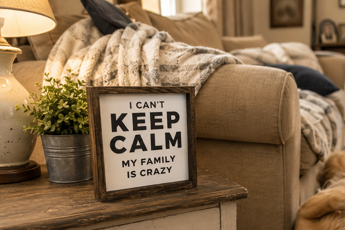 Funny Family Sign | I Can't Keep Calm My Family Is Crazy | Farmhouse Living Room Decor | Rustic Wood Sign | Family Room Shelf Decor | Funny Housewarming Gift