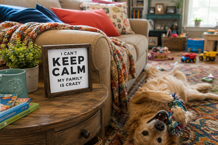 Funny Family Sign | I Can't Keep Calm My Family Is Crazy | Farmhouse Living Room Decor | Rustic Wood Sign | Family Room Shelf Decor | Funny Housewarming Gift