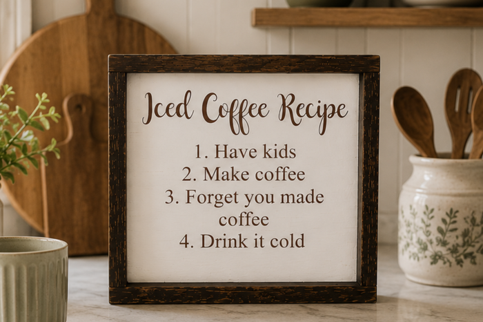 Funny Iced Coffee Recipe Sign | Farmhouse Coffee Bar Decor | Mom Coffee Sign | Handcrafted Painted Wood Kitchen Sign