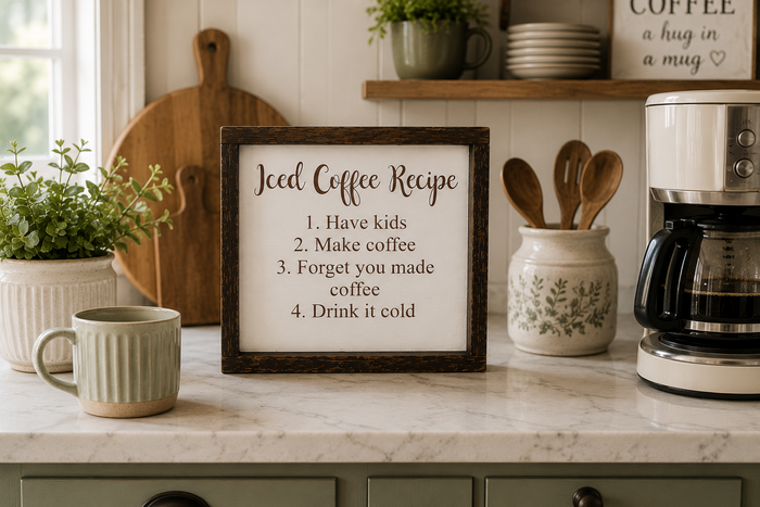 Funny Iced Coffee Recipe Sign | Farmhouse Coffee Bar Decor | Mom Coffee Sign | Handcrafted Painted Wood Kitchen Sign