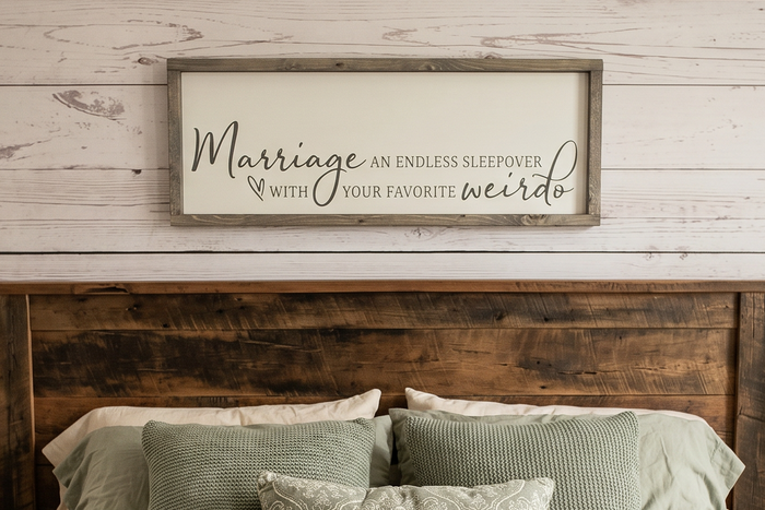 Funny Marriage Sign | Endless Sleepover With Your Favorite Weirdo | Over The Bed Master Bedroom | Boho Farmhouse Sign | Rustic Wedding Gift