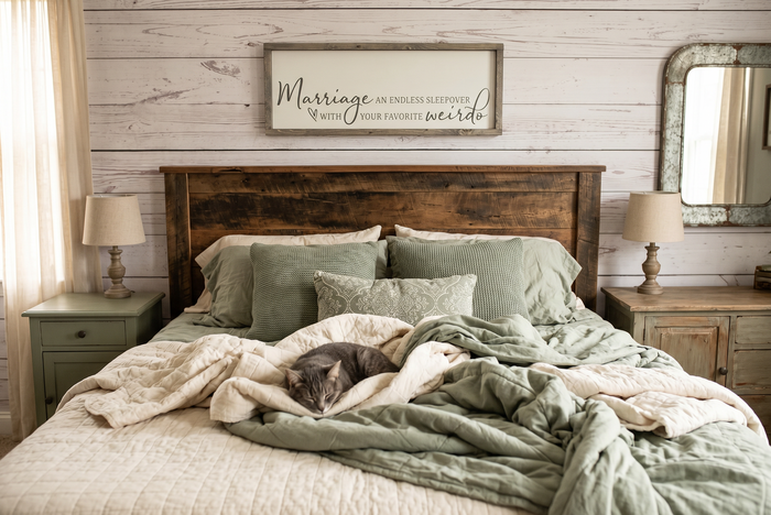 Funny Marriage Sign | Endless Sleepover With Your Favorite Weirdo | Over The Bed Master Bedroom | Boho Farmhouse Sign | Rustic Wedding Gift