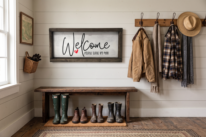 Funny Welcome Sign For Entryway | Welcome Please Leave By 9:00 | Sarcastic Front Porch Decor | Introvert Gift Idea