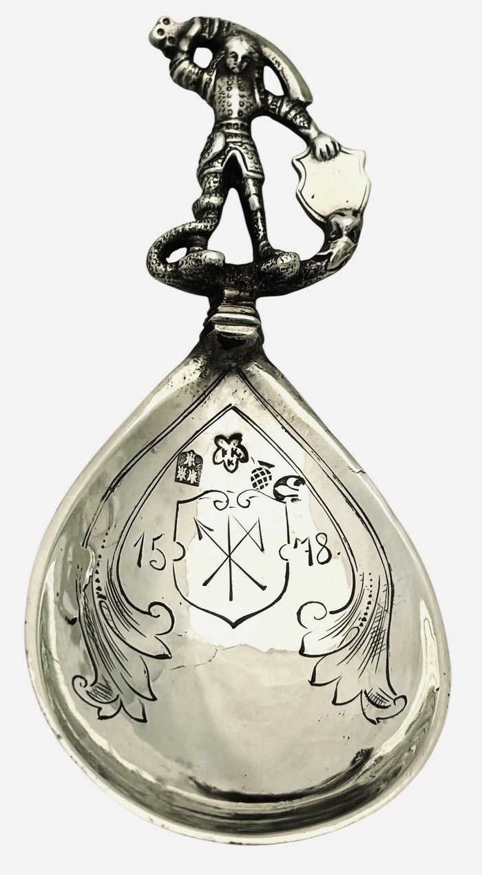 German Figural Silver Caddy Spoon. Imported to London 1902, Theodor Hartmann. 1 troy ounce.