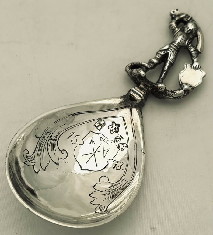 German Figural Silver Caddy Spoon. Imported to London 1902, Theodor Hartmann. 1 troy ounce.