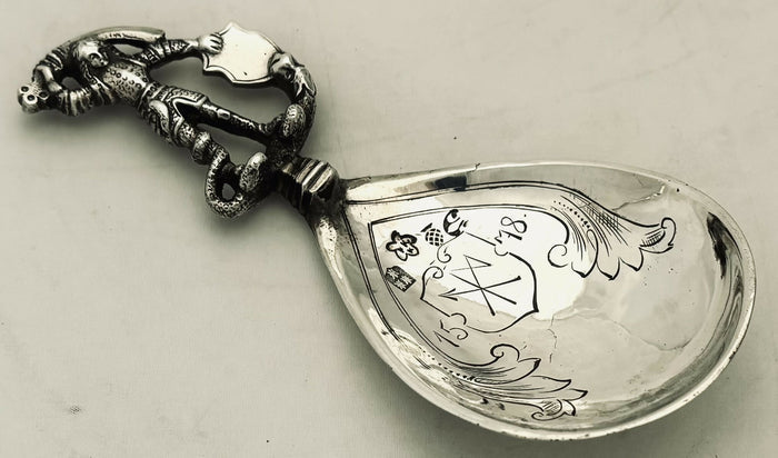 German Figural Silver Caddy Spoon. Imported to London 1902, Theodor Hartmann. 1 troy ounce.