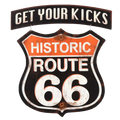 Retro styled tin sign displaying "Get Your Kicks" at the top and "Historic Route 66" shield below.
