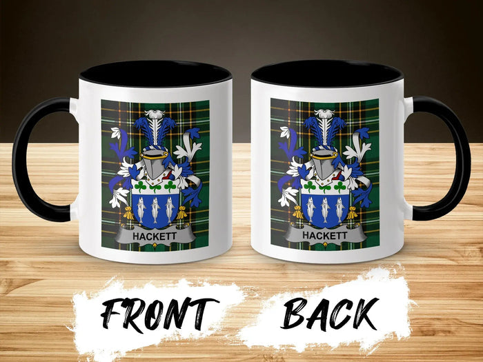 White mug with black handle displaying Hackett family crest on front and back.
