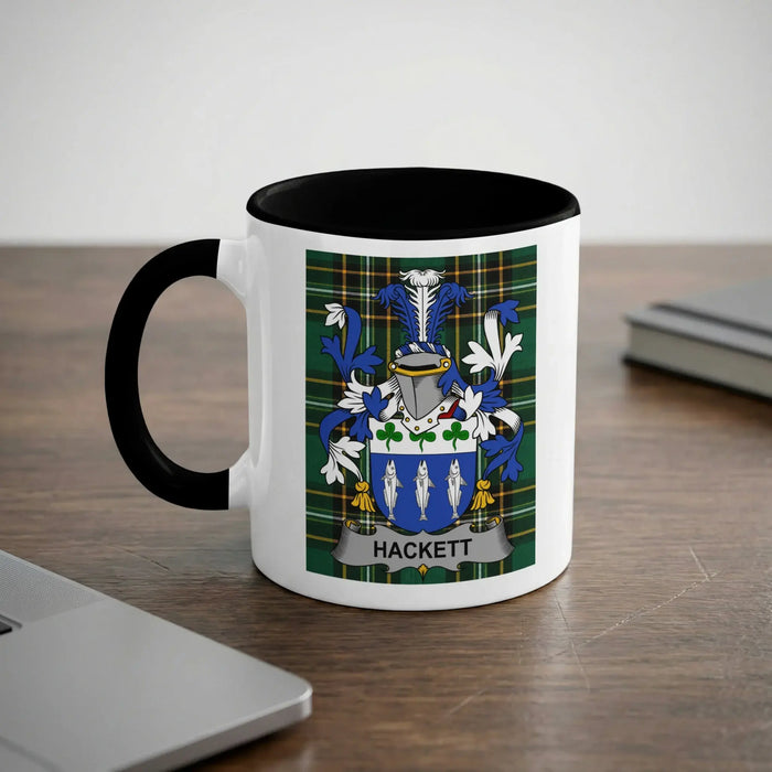 White mug with black interior featuring the Hackett family crest with the name HACKETT.