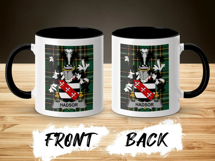 Two mugs with a plaid pattern and family crest, labeled "HADSOR".