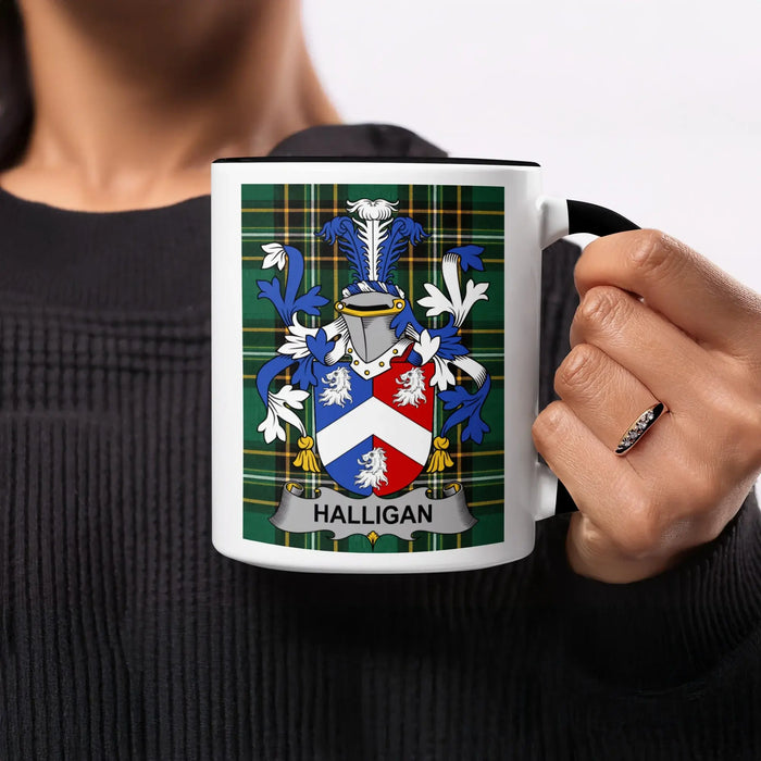 Mug with Halligan family crest on a tartan background.