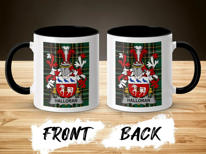Two white mugs with black rims showing Halloran family crest on plaid background.