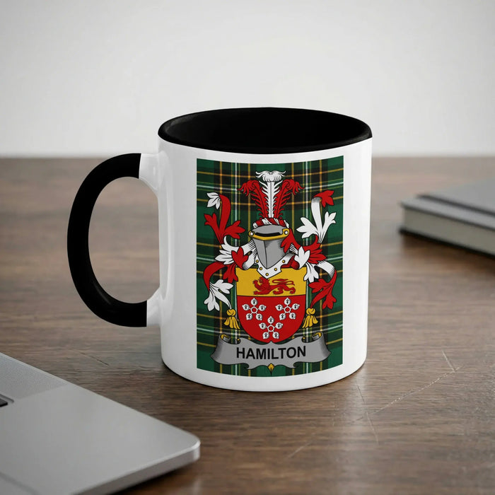 Mug with Hamilton family crest on a wooden desk.